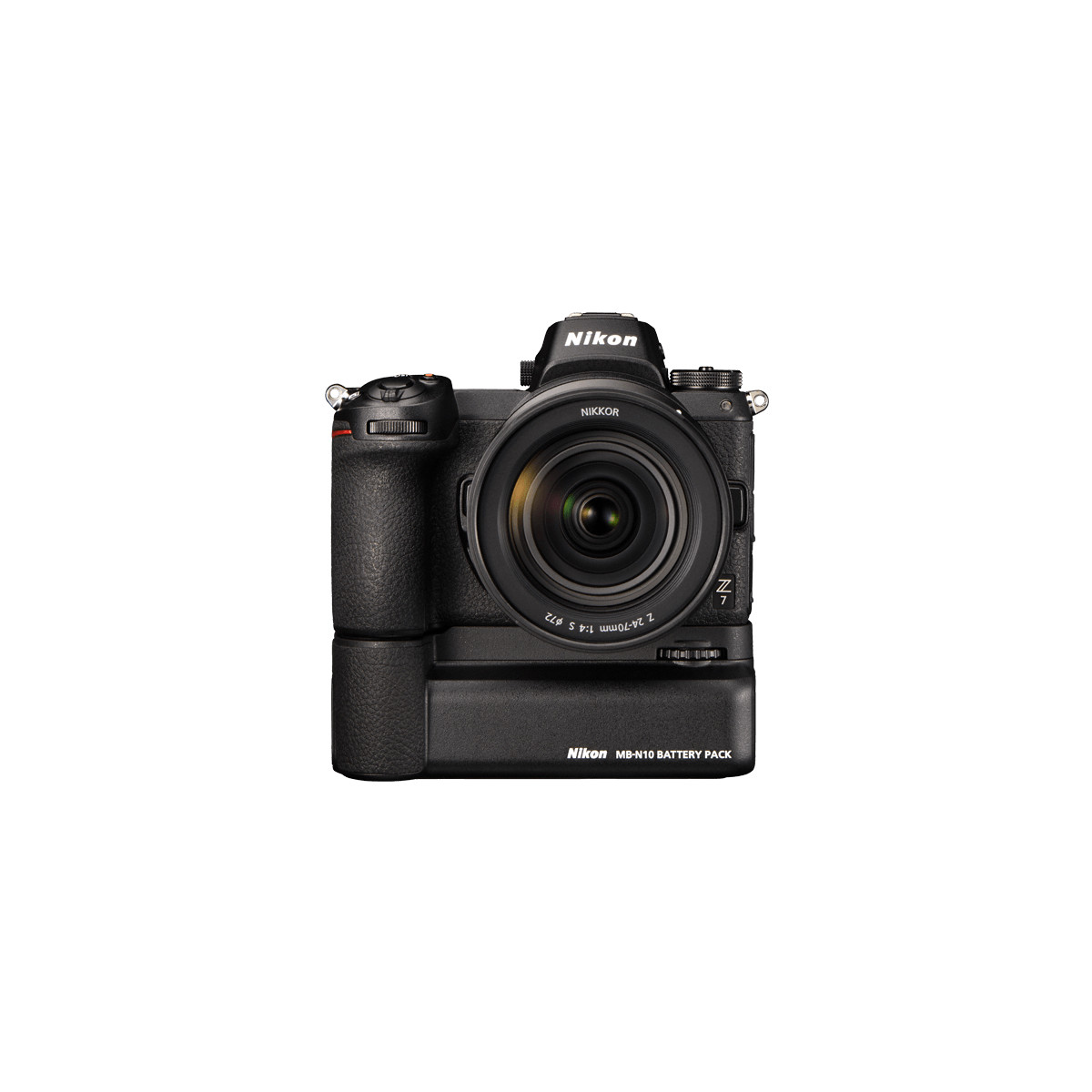 Eine schwarze Nikon Z7 Kamera mit einem NIKKOR 24-70mm Objektiv und einem MB-N10 Akkupack.
