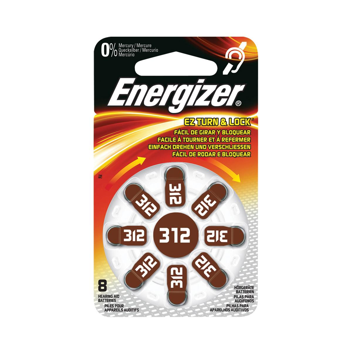 Energizer 312 Hörgerätebatterien in brauner Verpackung mit "EZ TURN & LOCK"-Funktion.