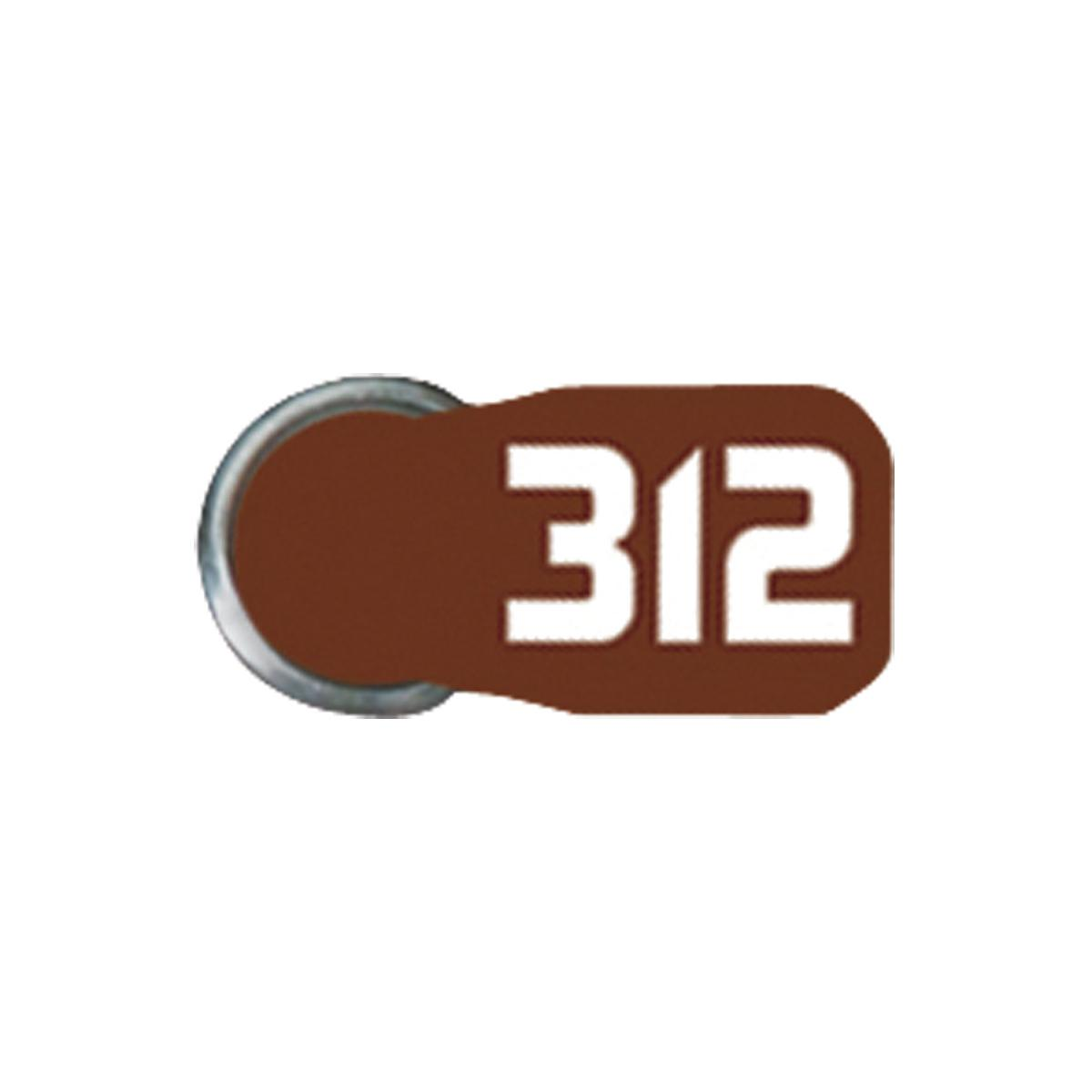 Braunes Etikett mit der Nummer 312 und einem Metallring.