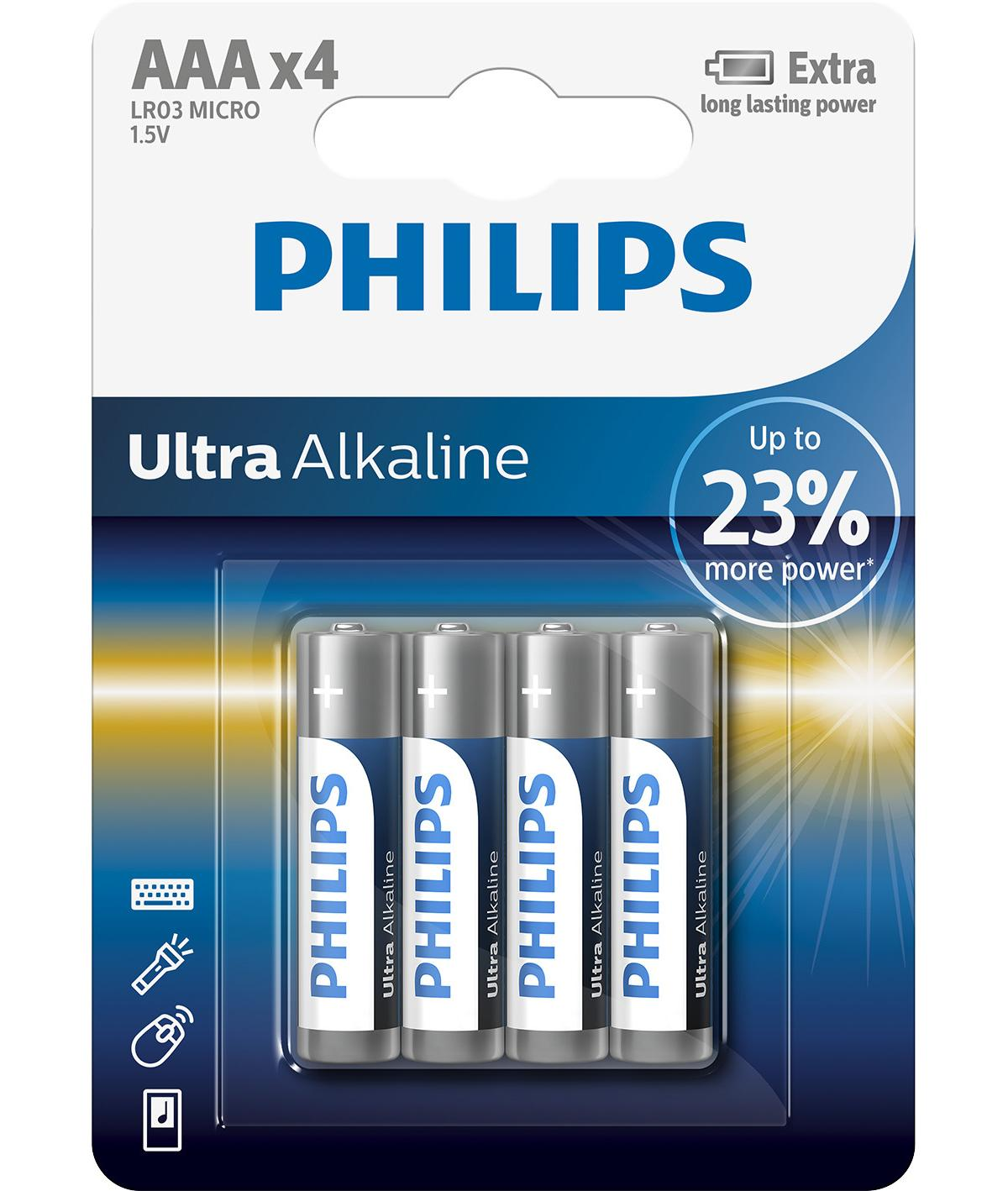 Philips AAA Ultra Alkaline batterijen, 4 stuks. Extra lange levensduur.