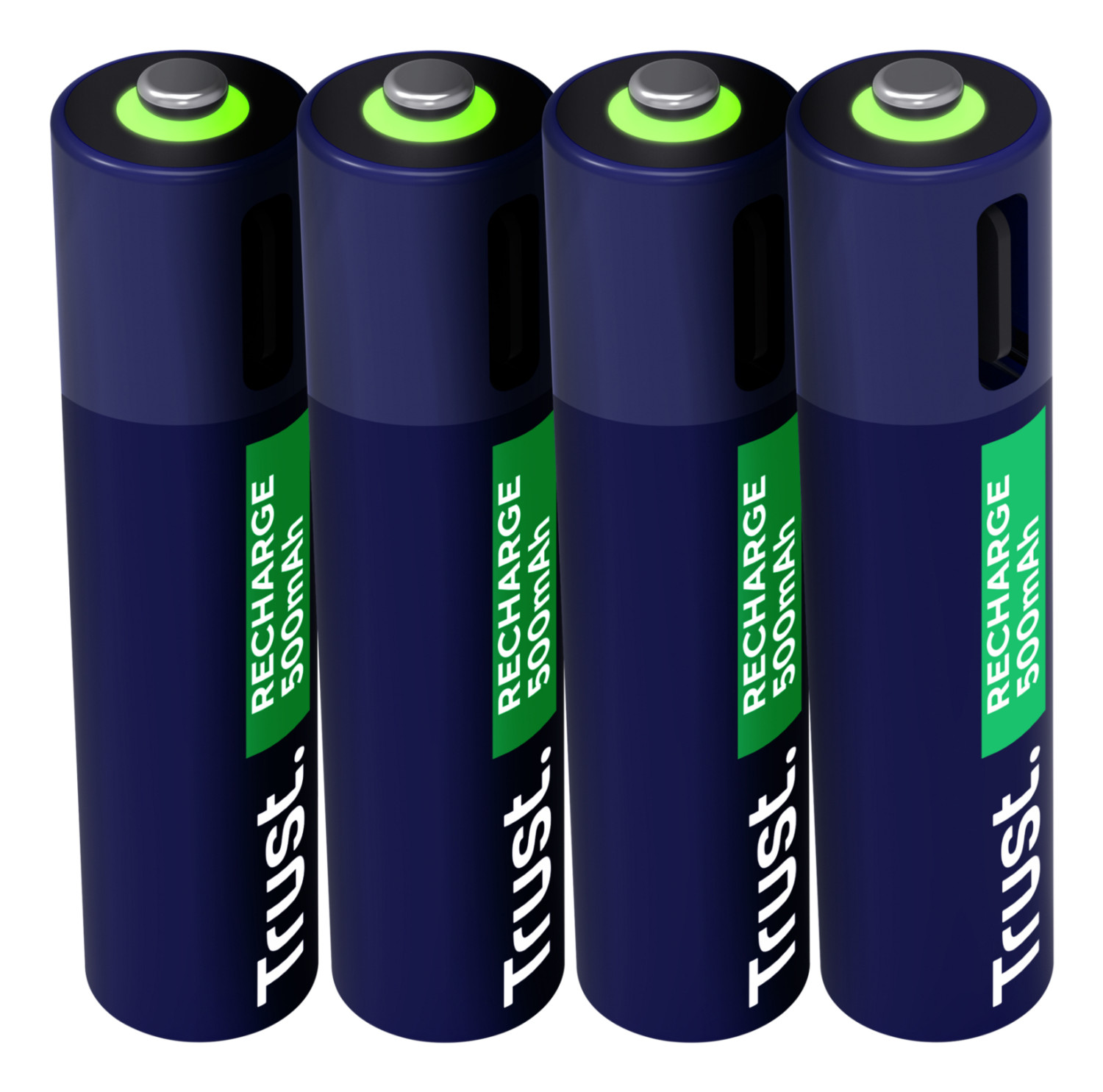 Quattro batterie ricaricabili Trust blu con indicatori di carica verdi.