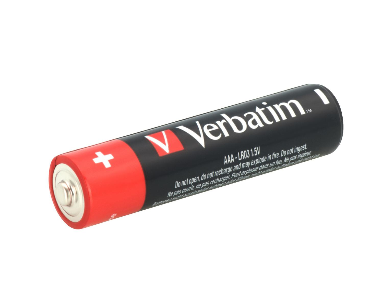 Una batteria AAA Verbatim nera con terminale positivo rosso e testo di avviso.