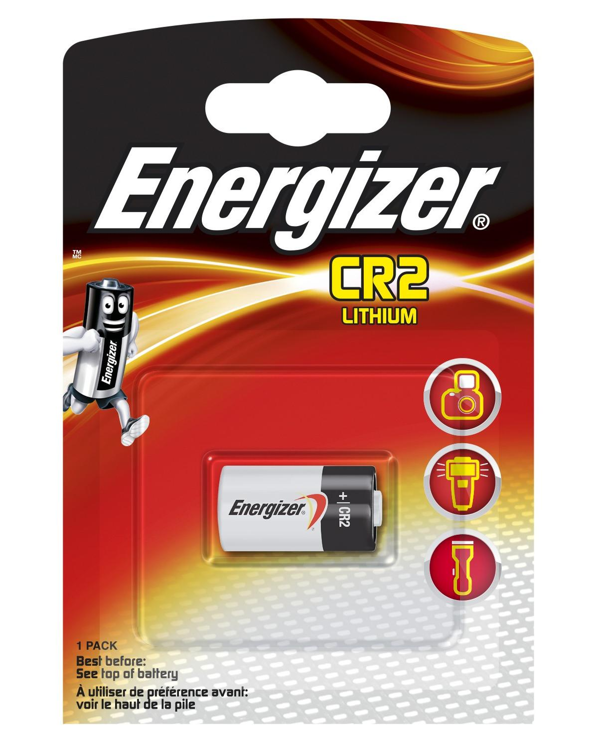 Energizer CR2 Lithium Batterie-Packung mit einer Batterie und drei Symbolen.