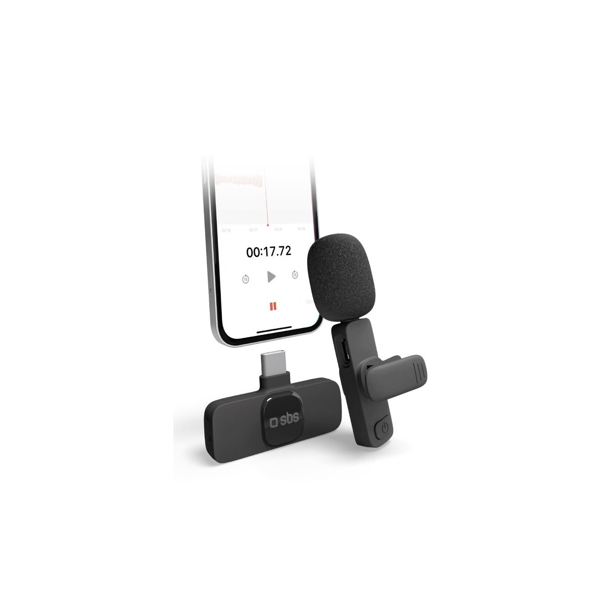 Un set microfono nero con ricevitore USB-C e microfono mostrato davanti a uno smartphone.