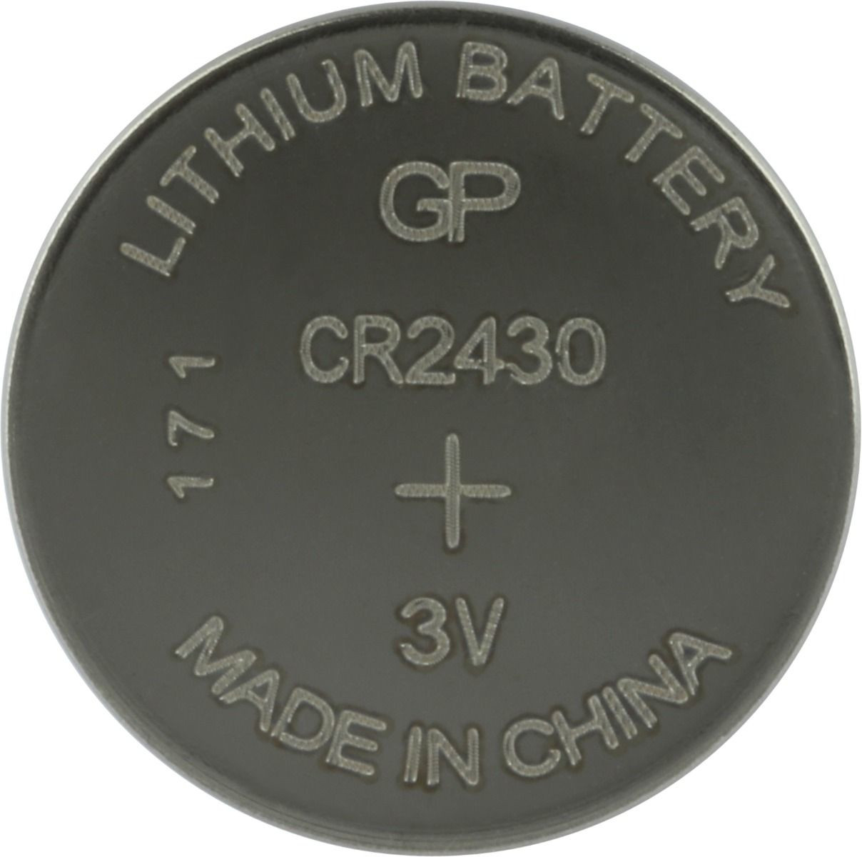 Een GP CR2430 lithiumbatterij, 3V, Made in China.