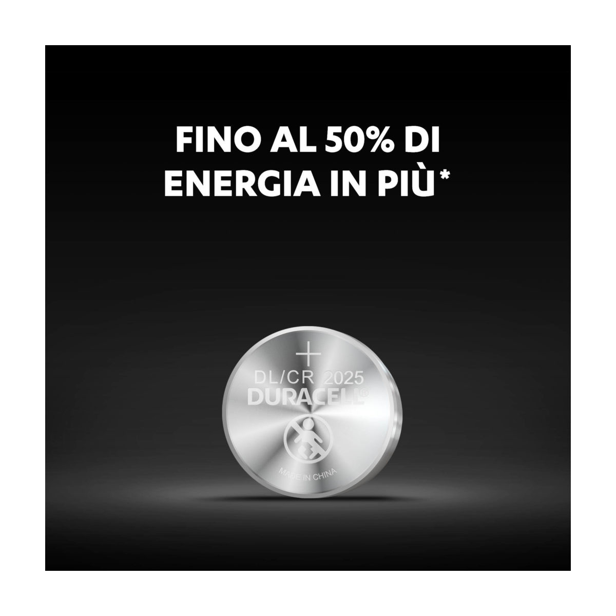 Pila a bottone Duracell DL/CR 2025 su sfondo nero con testo.