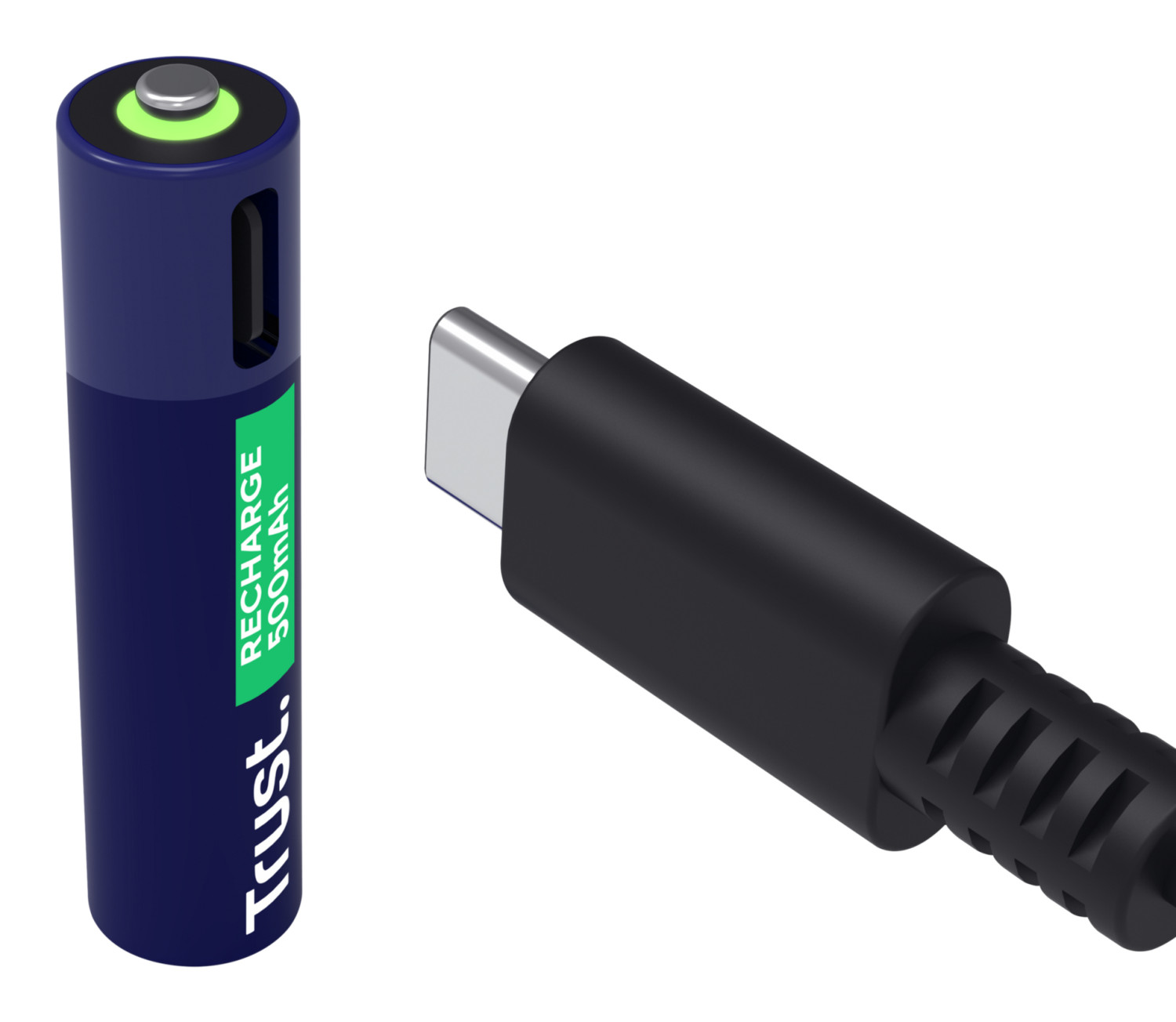 Eine blaue Batterie mit grünem Ring und ein schwarzes Kabel mit USB-C-Stecker.