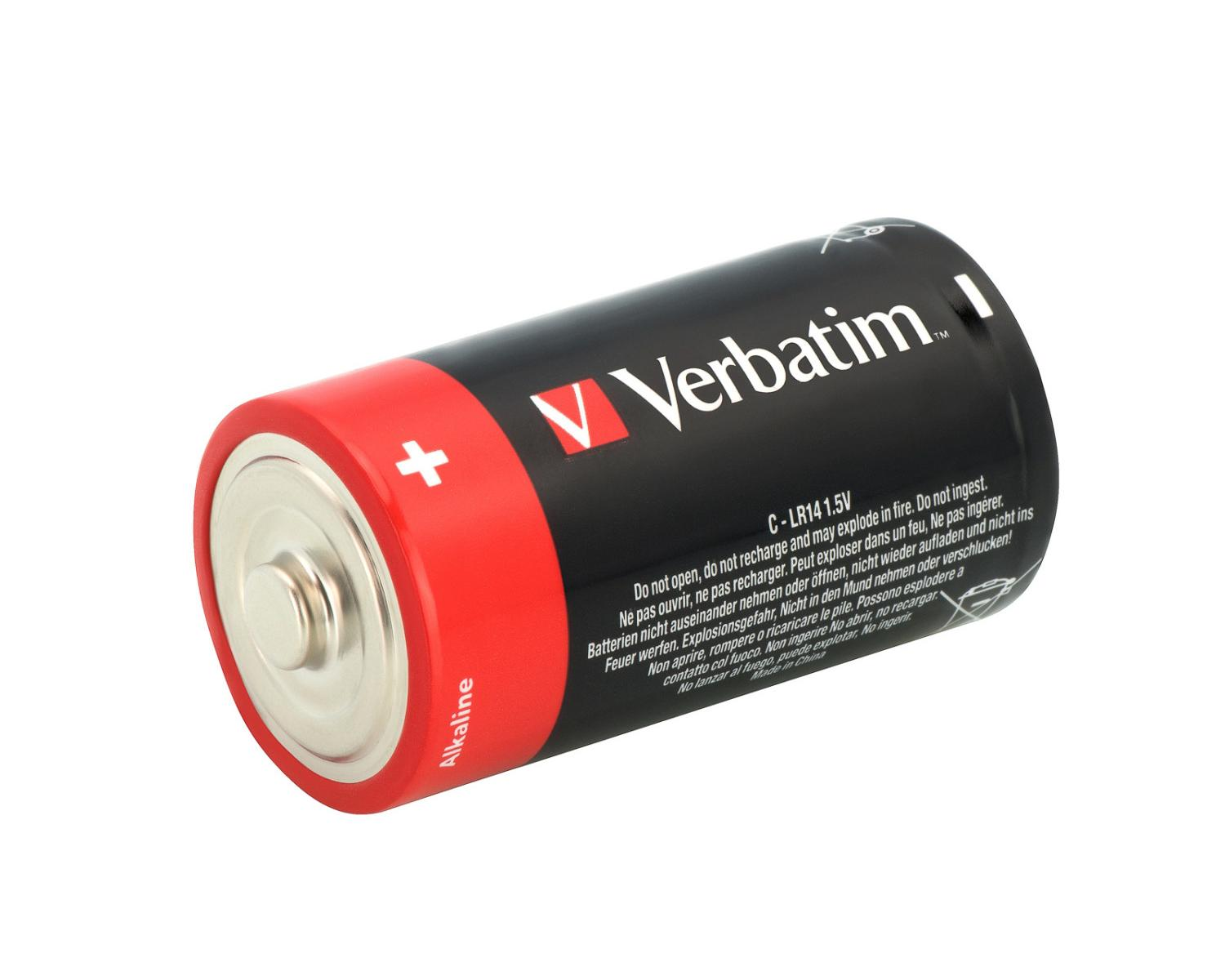 Una batteria alcalina Verbatim C-LR14 1,5V nera con accenti rossi.