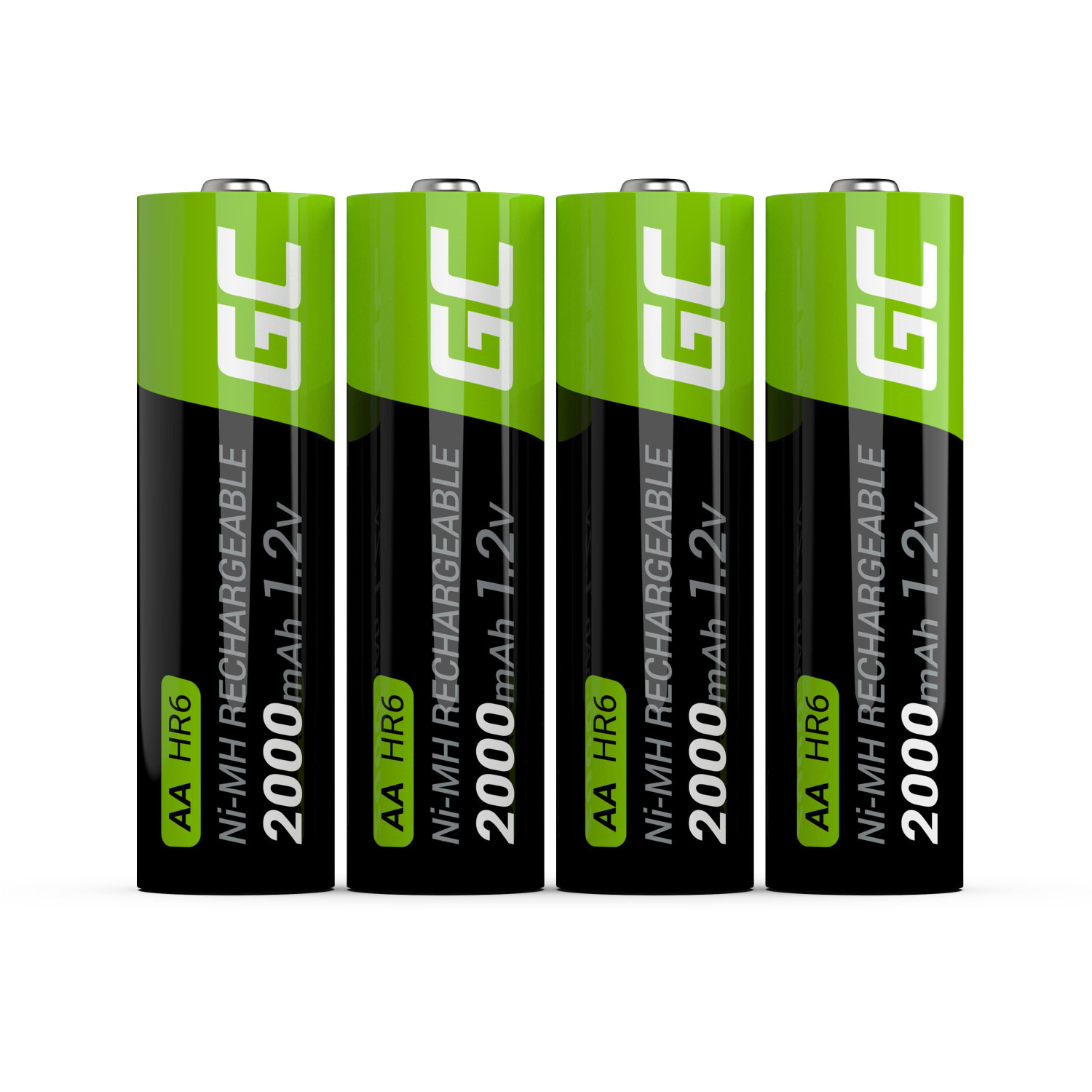 Cuatro pilas recargables GC AA HR6 2000mAh 1,2V Ni-MH sobre fondo blanco.