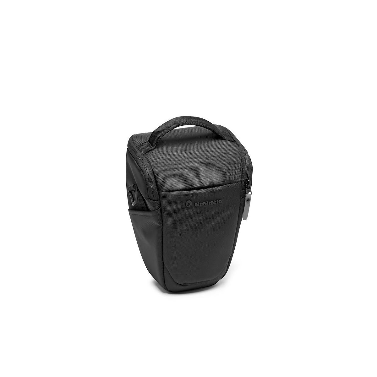 Una borsa fotografica nera con manico e cerniera. Logo Manfrotto visibile.