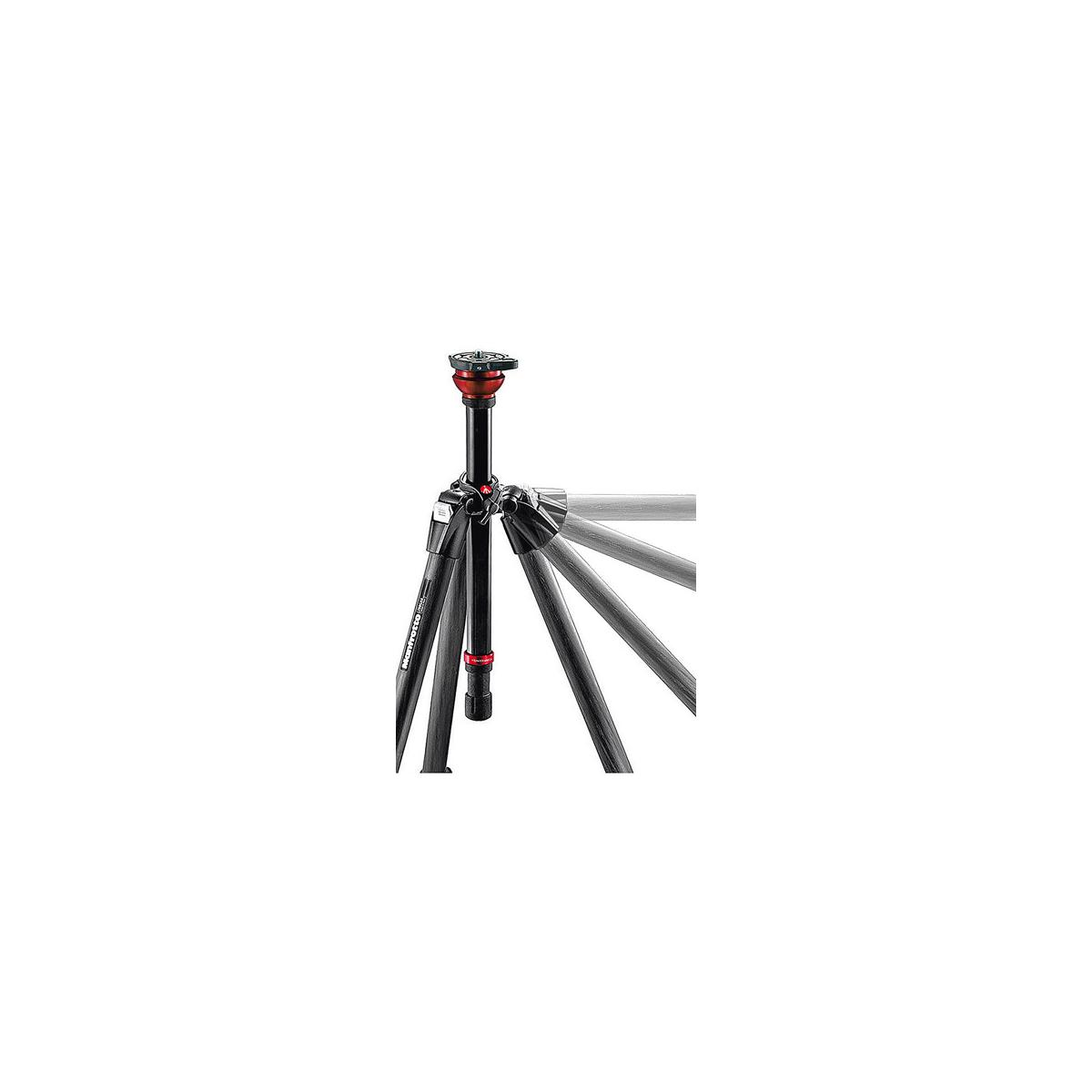 Ein schwarzes Manfrotto-Stativ mit roten Akzenten, ausgebreitet auf weißem Hintergrund.