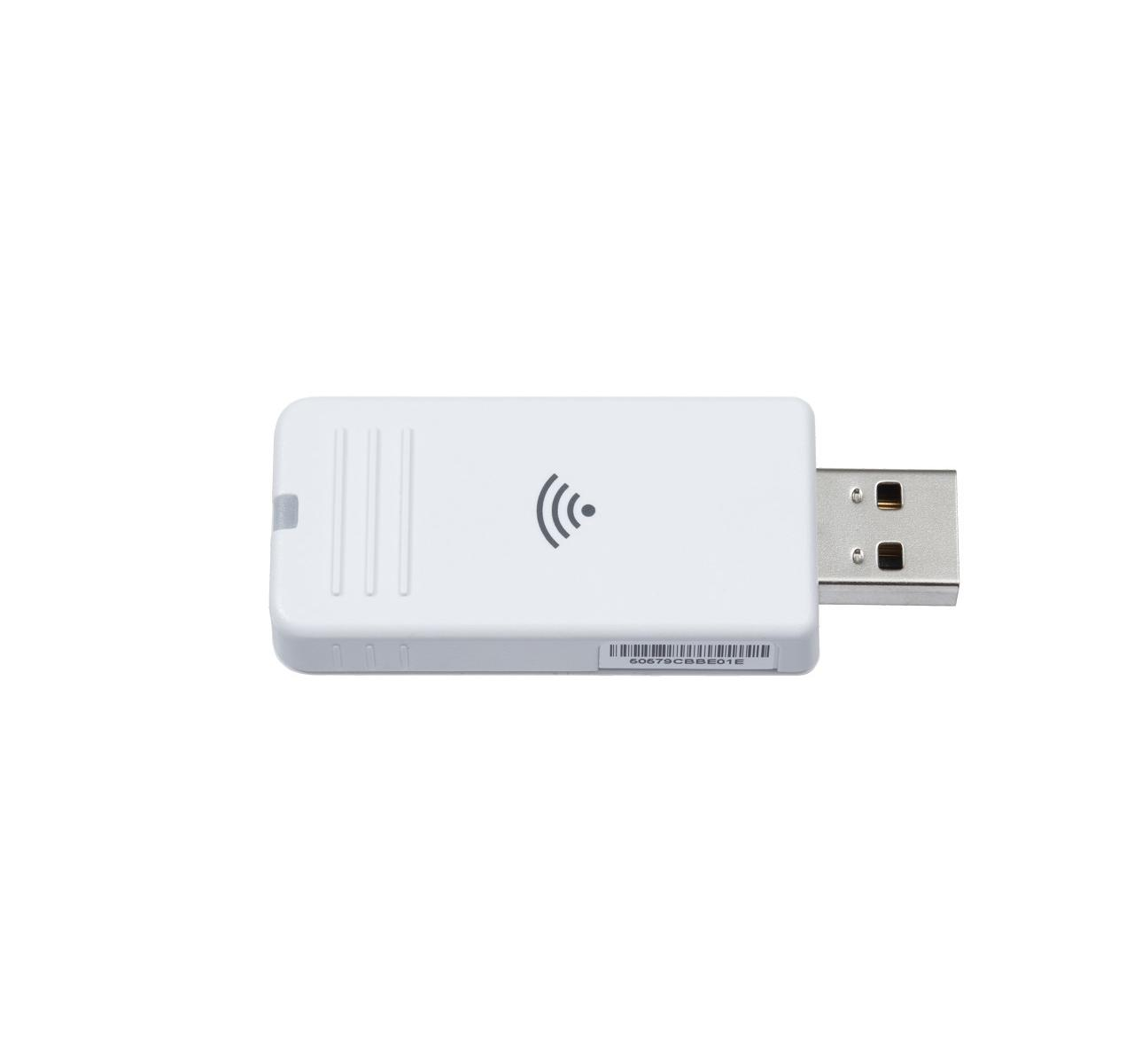 Adattatore Wi-Fi USB bianco con simbolo Wi-Fi e numero di serie.