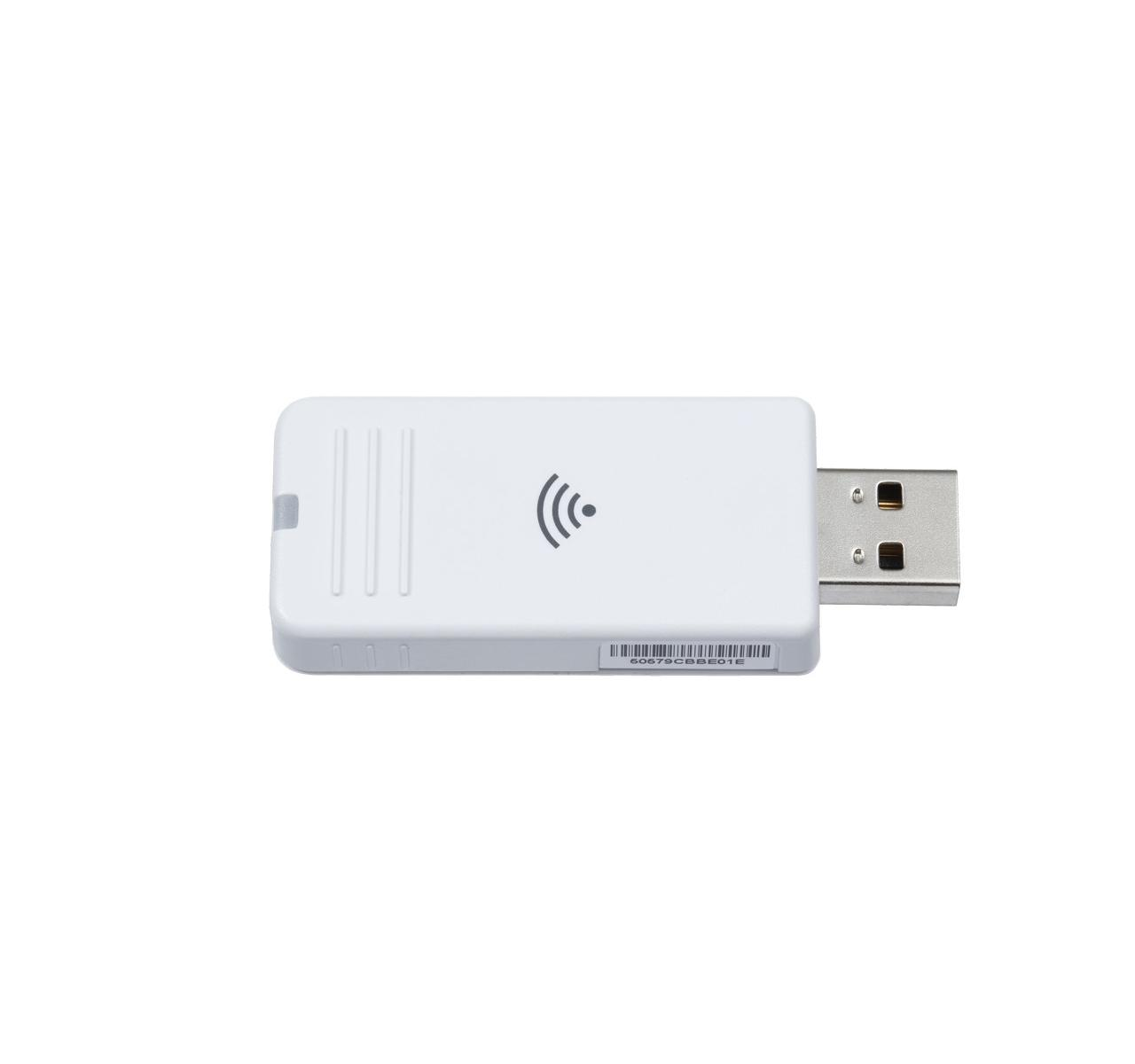Un adattatore Wi-Fi USB bianco con simbolo Wi-Fi e numero di serie.