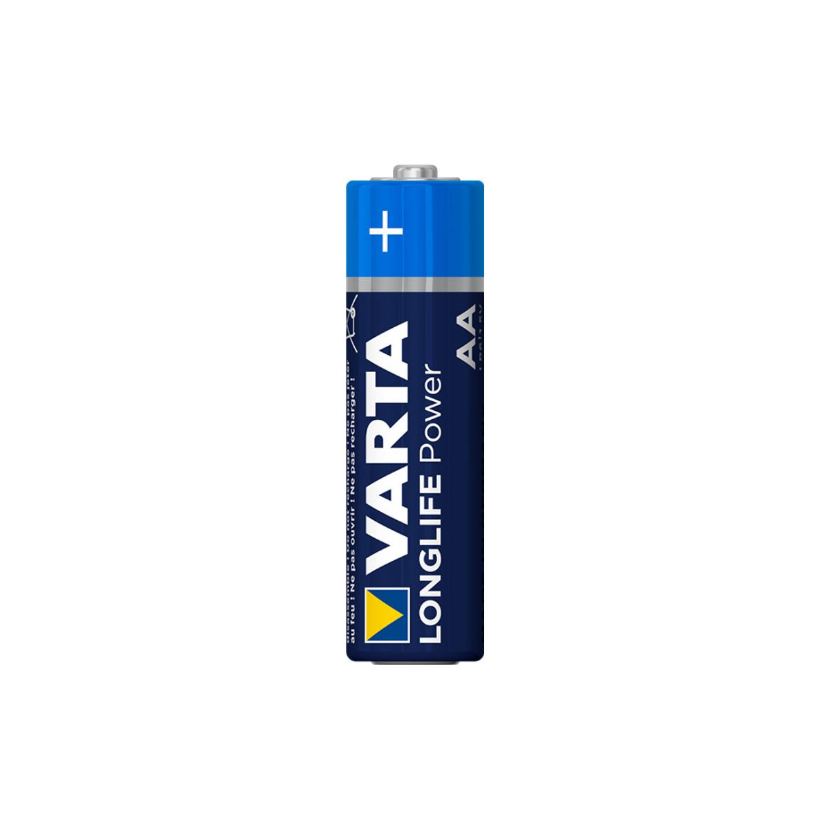 Una batteria Varta Longlife Power AA con custodia blu e argento.