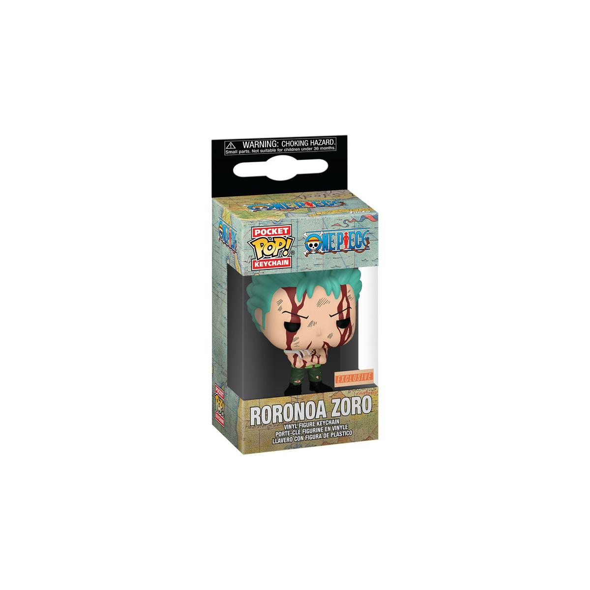 Roronoa Zoro Funko Pop! Schlüsselanhänger in Box, mit blutigen Verletzungen.