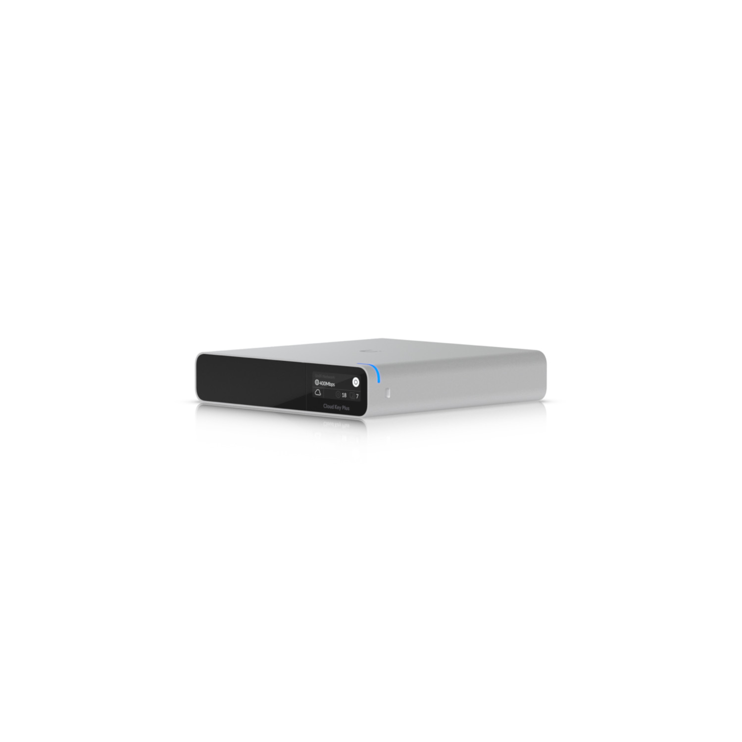 Un dispositivo Ubiquiti Cloud Key Plus argentato con schermo nero che mostra informazioni di rete.