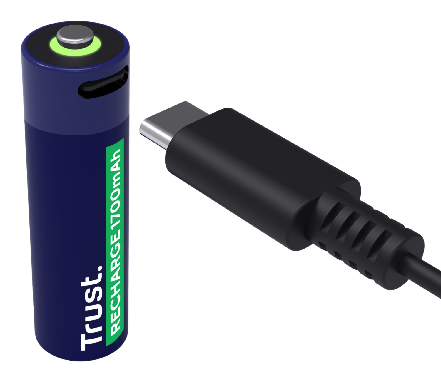 Una batteria ricaricabile blu con un cavo USB-C accanto.