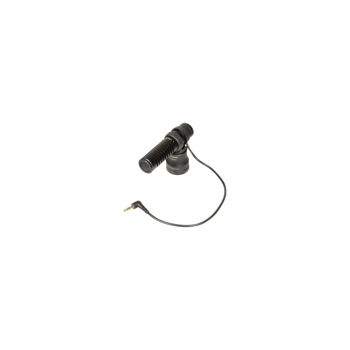 Un microphone canon noir avec câble et fiche jack 3,5 mm sur fond blanc.