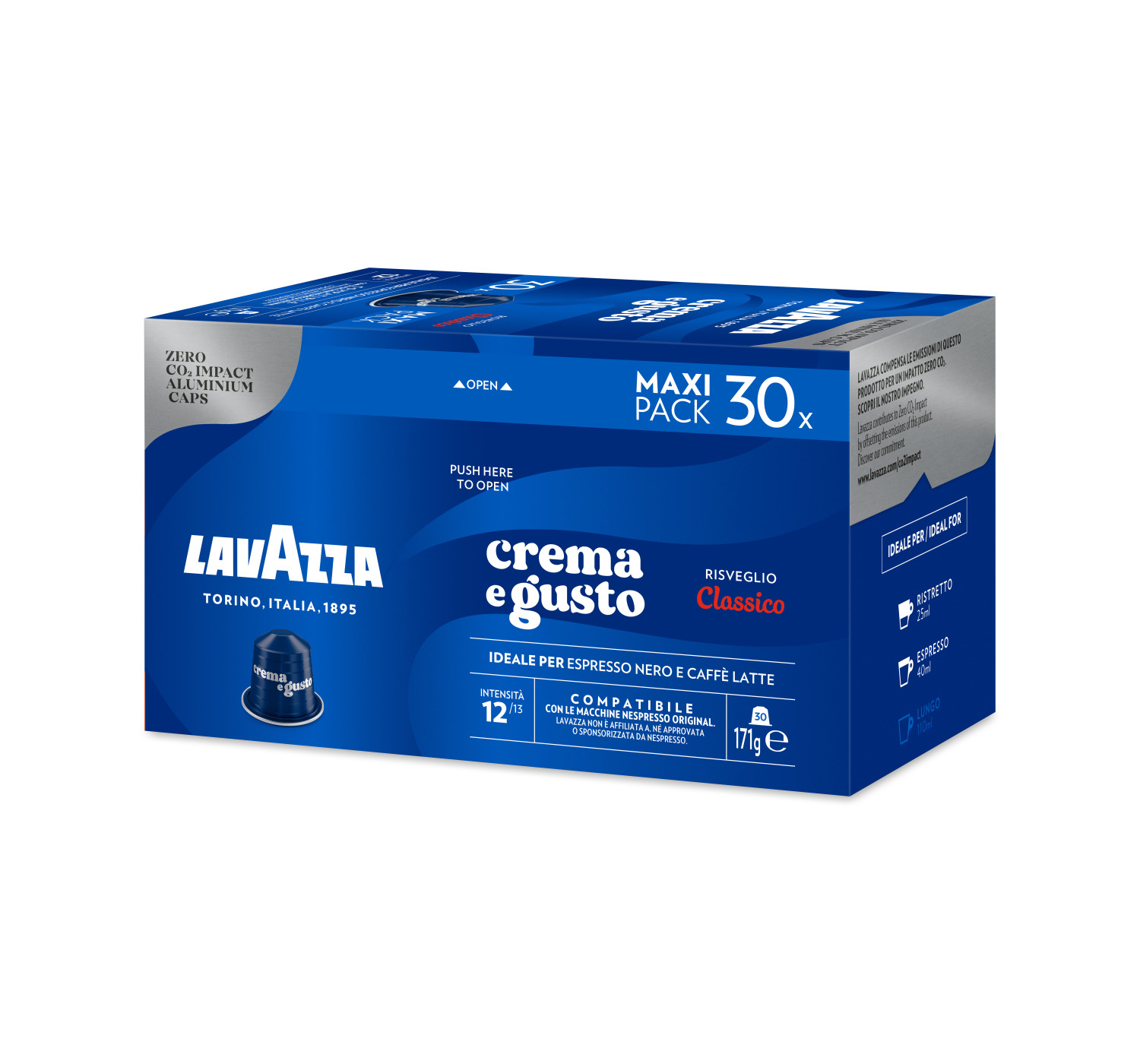 Una scatola blu di capsule caffè Lavazza Crema e Gusto, con 30 porzioni espresso.