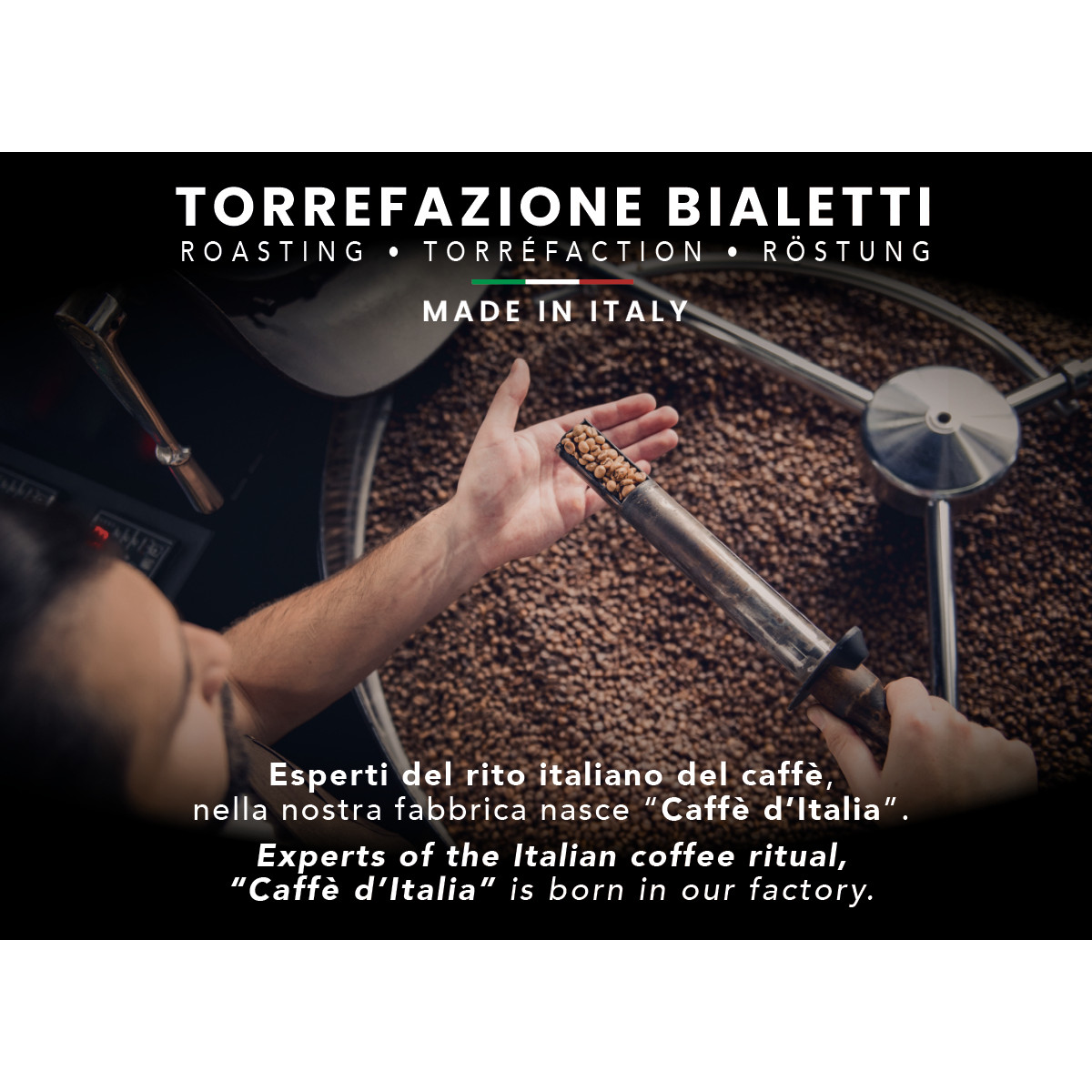 Caffè in una torrefattrice, tenuto da una mano. Logo Bialetti.