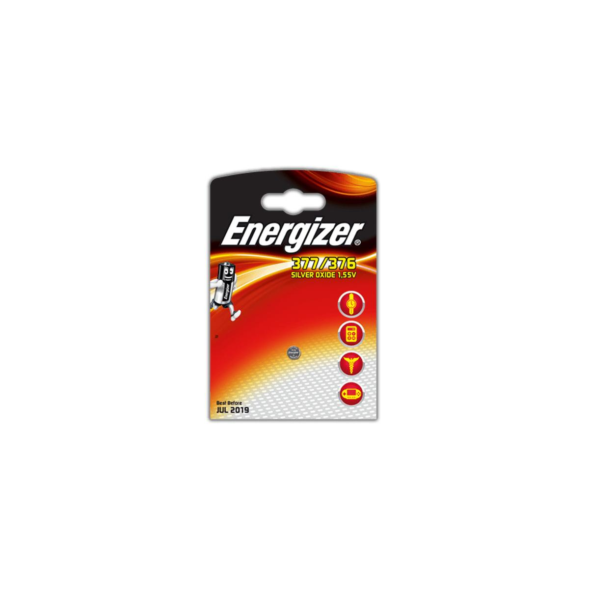 Energizer Batterien 377/376 Silberoxid 1,55V mit Symbolen auf rotem Hintergrund.