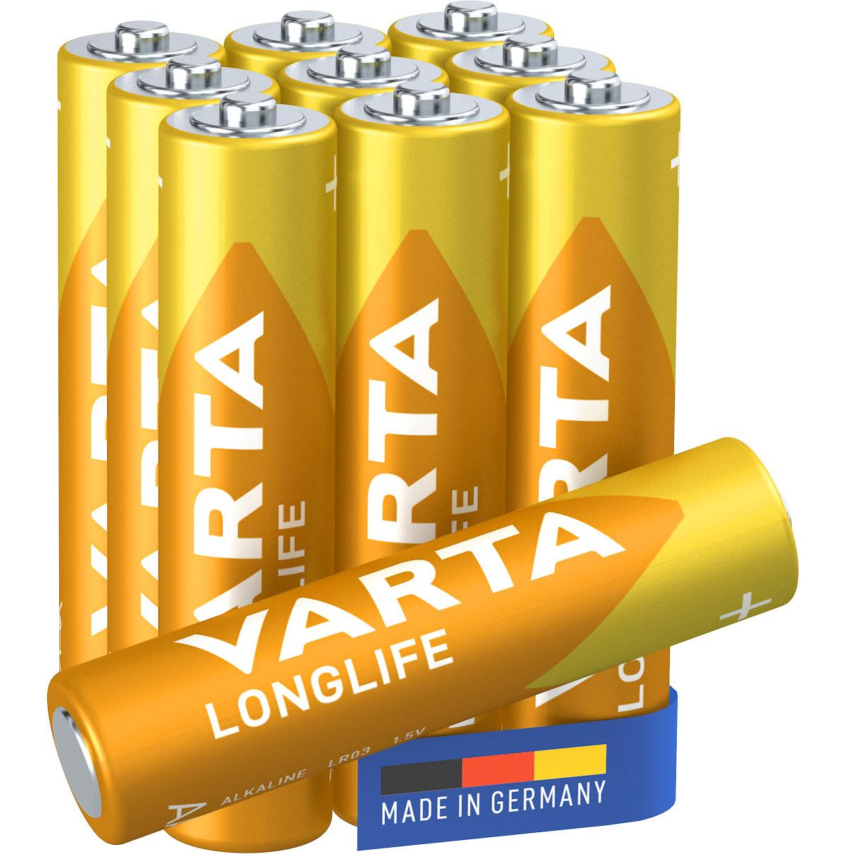 Varta Longlife batteries, yellow with print, one lies in front.
