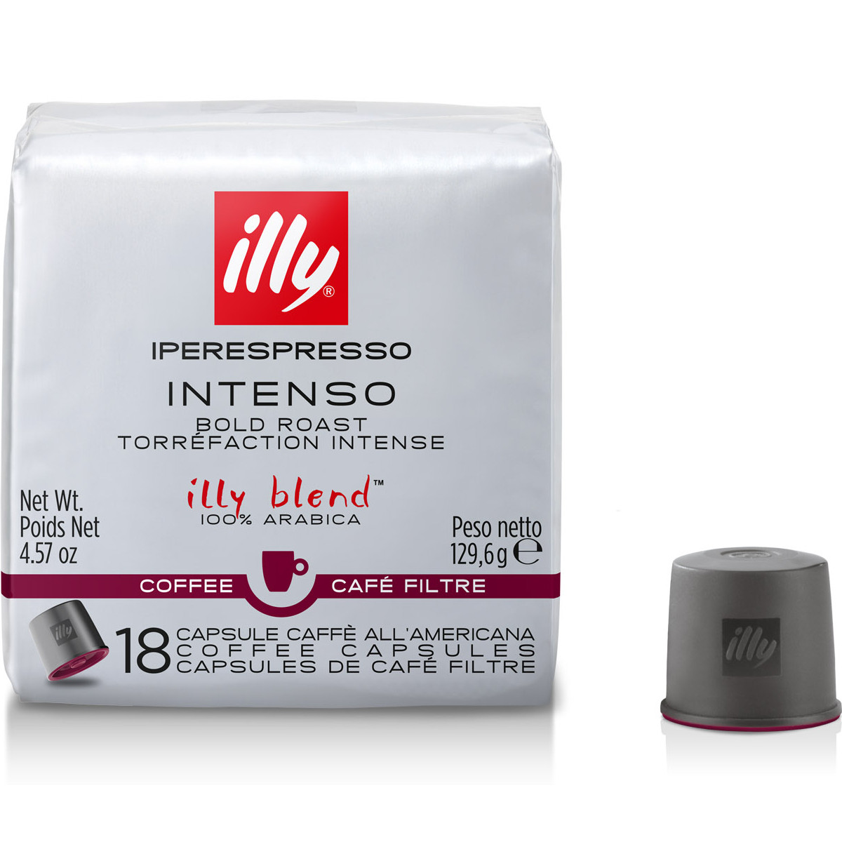Illy Intenso Kaffee Kapselpackung mit einer einzelnen Kapsel daneben.
