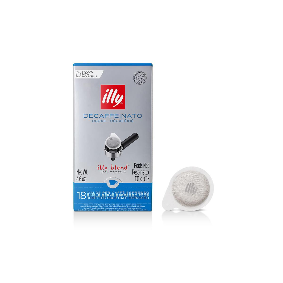 Cialde caffè Illy Decaffeinato: scatola e cialda singola su sfondo bianco.