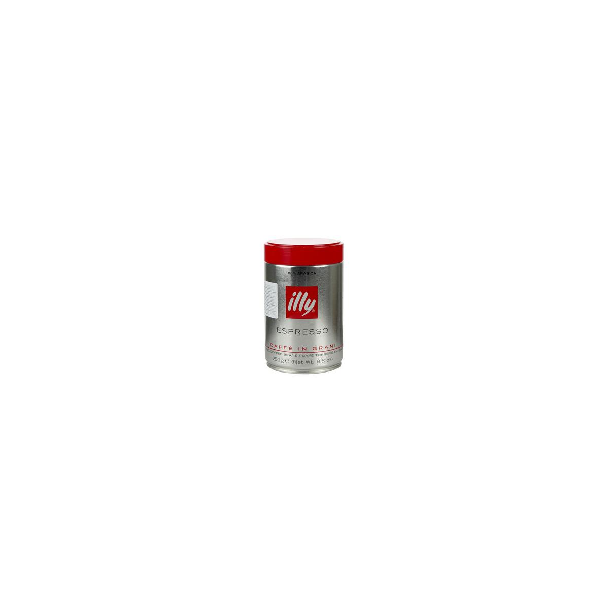 Eine silberne Dose Illy Espresso Kaffee mit rotem Deckel, 250g.