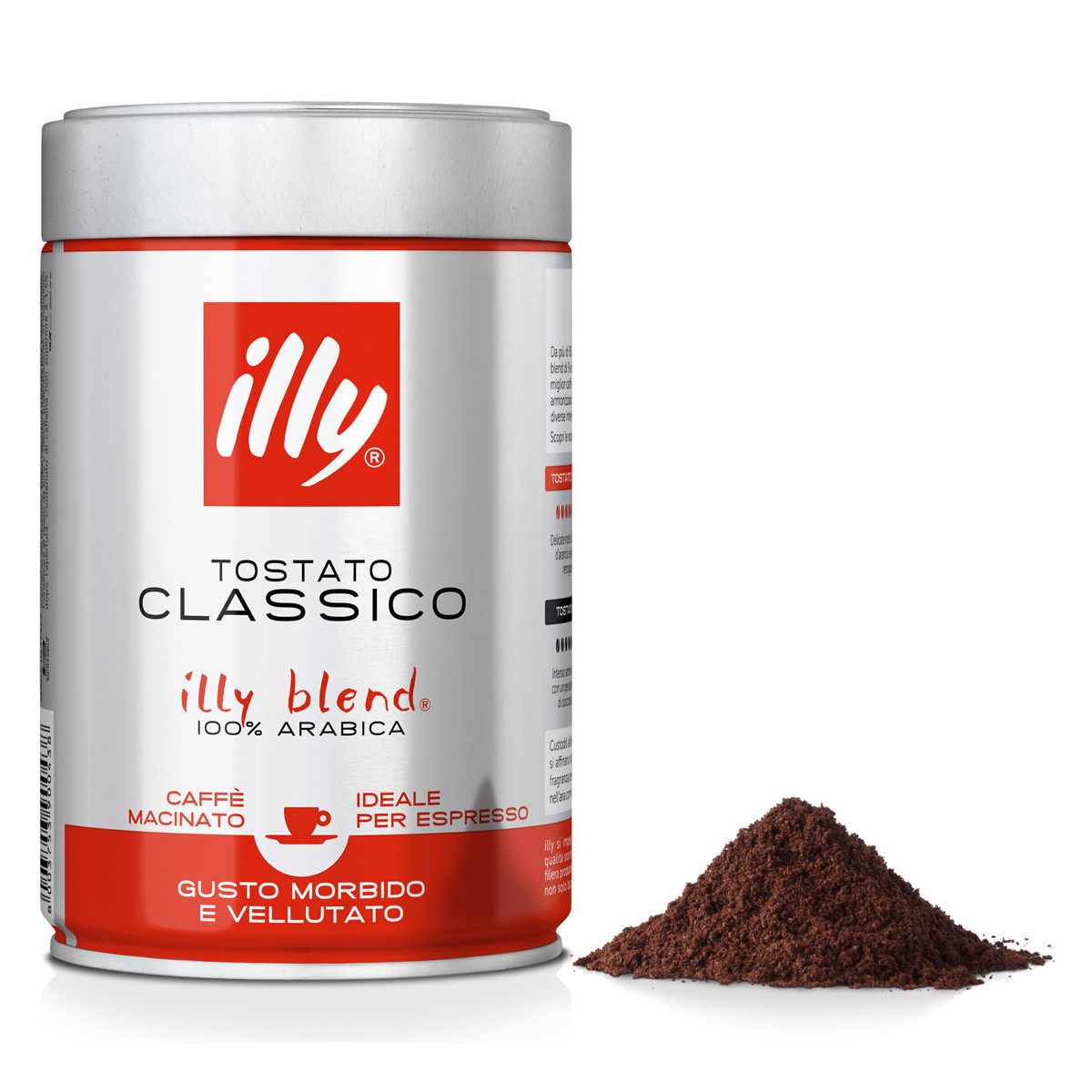 Una lattina di caffè Illy con caffè macinato, e un piccolo mucchio di polvere di caffè accanto.