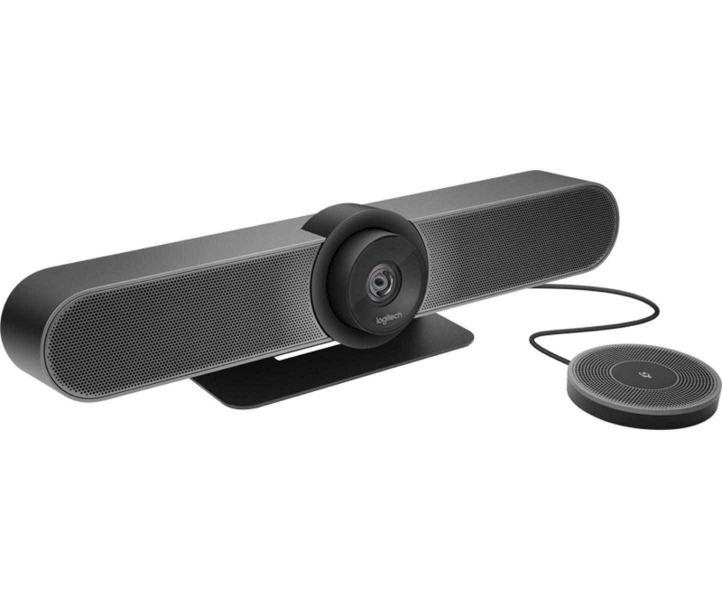 Een donkergrijze Logitech vergaderbar met camera en aparte microfoon.