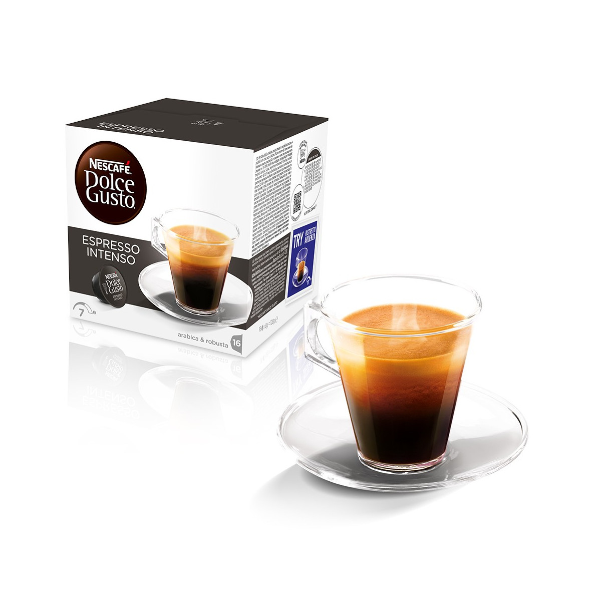 Una scatola di capsule Nescafé Dolce Gusto Espresso Intenso e una tazza di espresso.