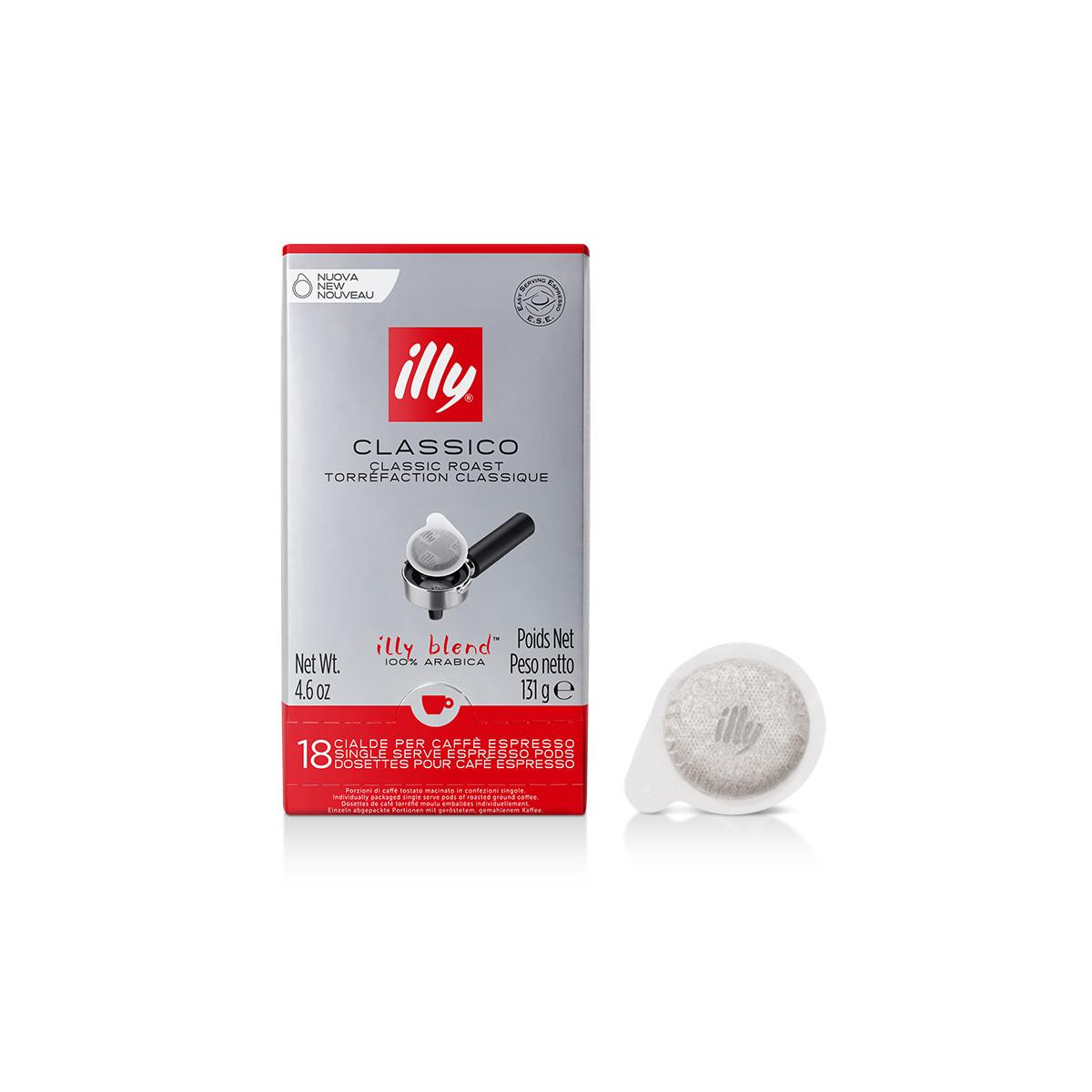 Una scatola di capsule Illy Classico espresso e una singola capsula accanto.