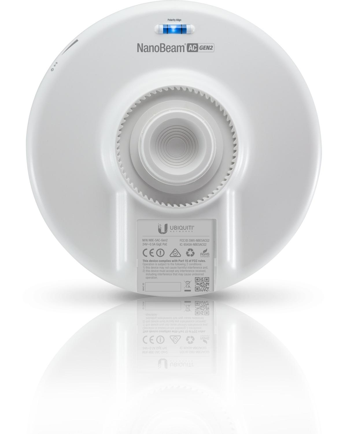 Weiße Ubiquiti NanoBeam AC Gen2 mit Beschriftungen und einem Polarity Align Indikator.