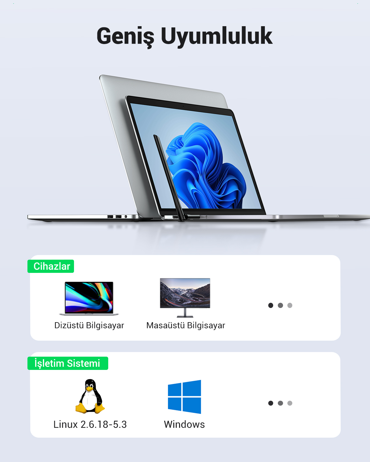 Mavi duvar kağıtlı ve kalemli bir dizüstü bilgisayar. Altında cihazlar: Dizüstü, Masaüstü ve İşletim Sistemi: Linux, Windows.