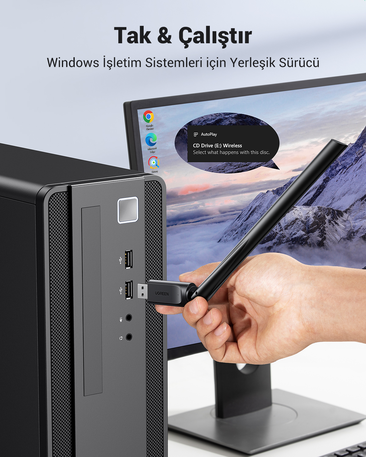 Bir USB adaptörü bilgisayara takılıyor. Ekranda programlar gösteriliyor.