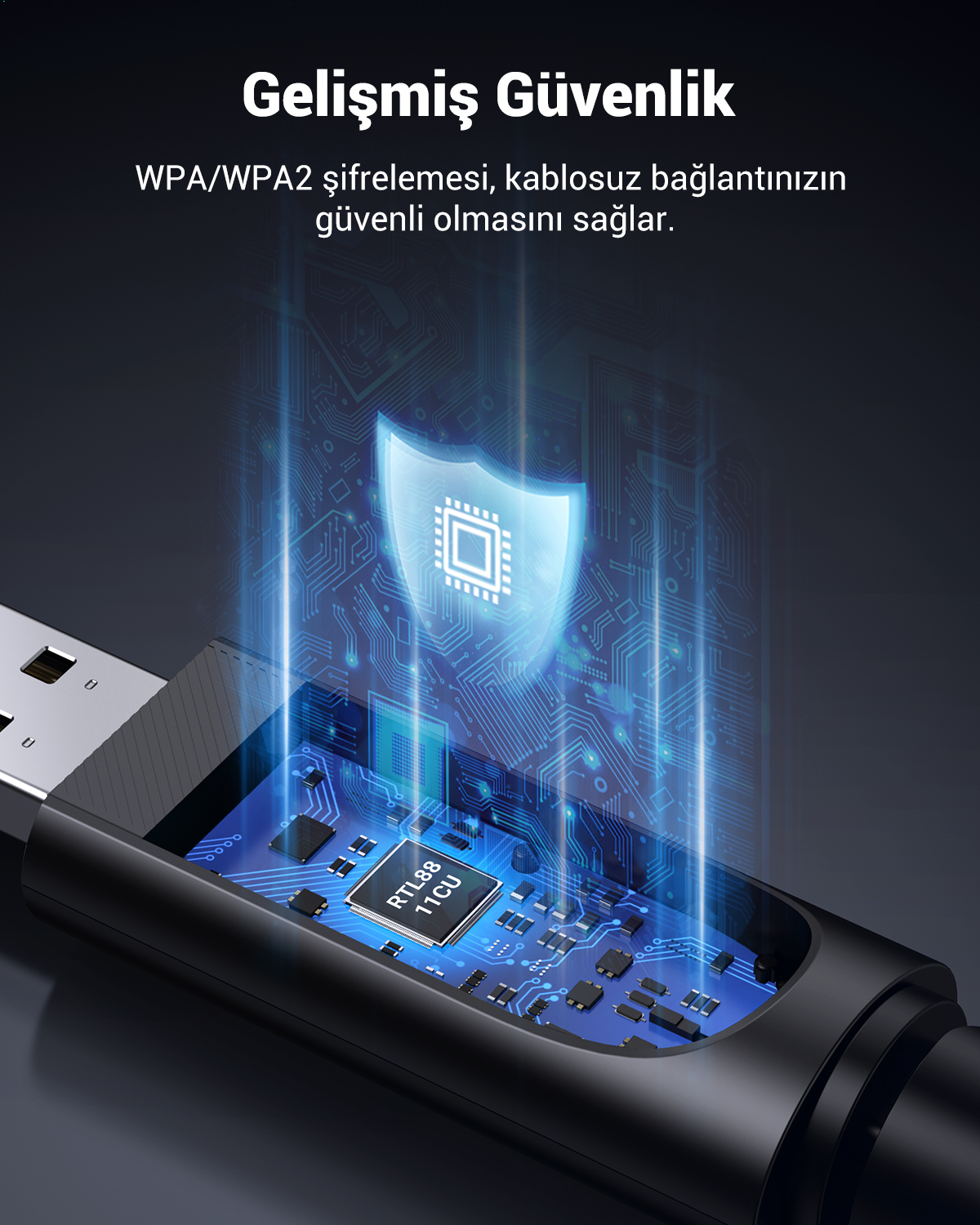 Parlayan kalkan simgesi ve devreler içeren bir USB adaptörü.
