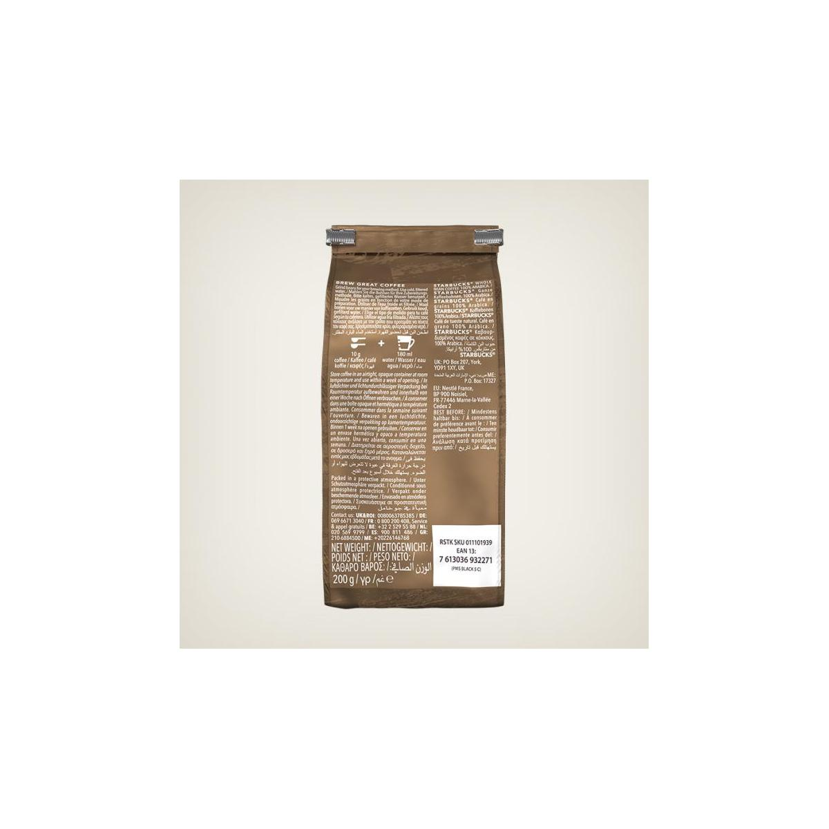 Confezione di caffè marrone con dettagli testuali e codice a barre.