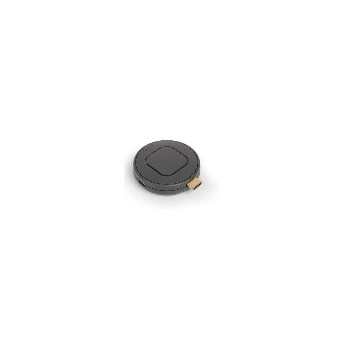 Un stick de streaming HDMI negro y redondo con conector dorado.