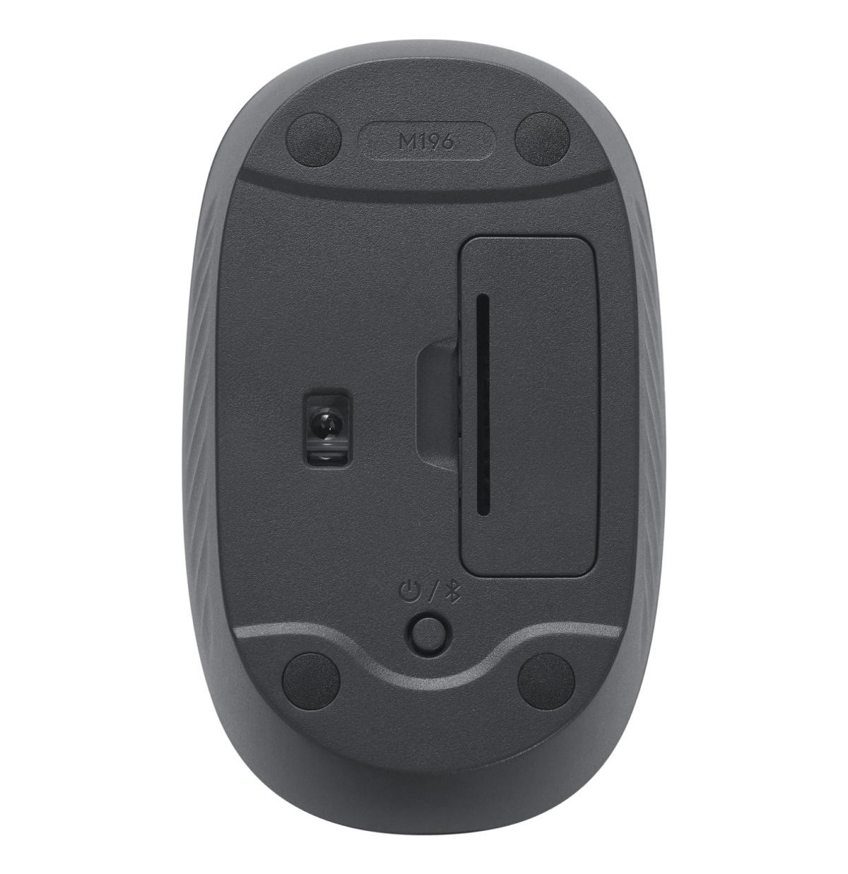Underside of a dark computer mouse with model number M196.