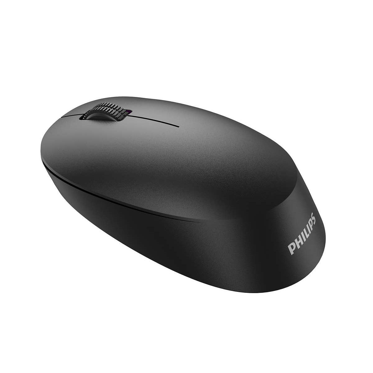 Zwarte draadloze muis met scrollwiel en Philips-logo.