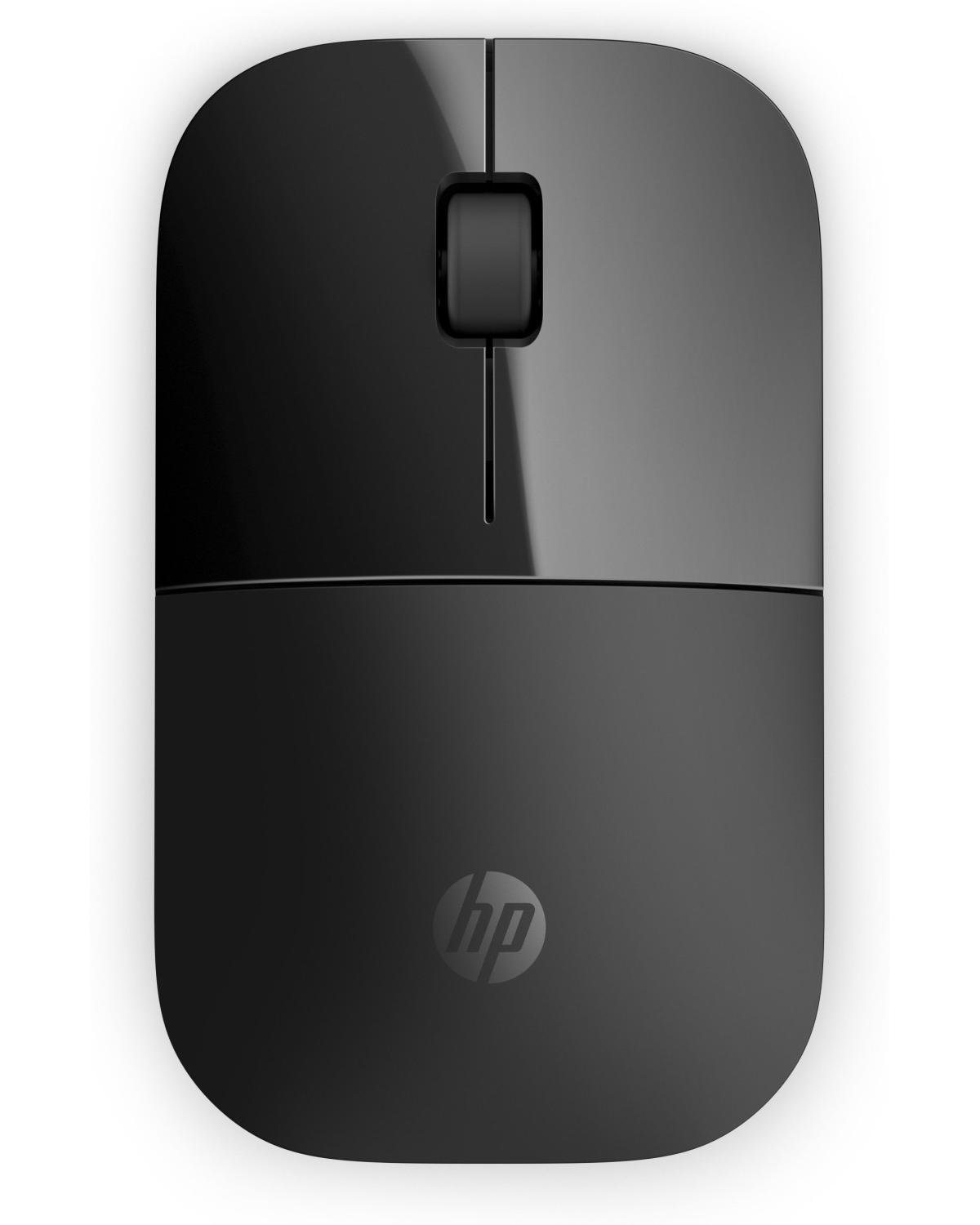 Souris d'ordinateur HP noire avec molette et boutons cliquables.