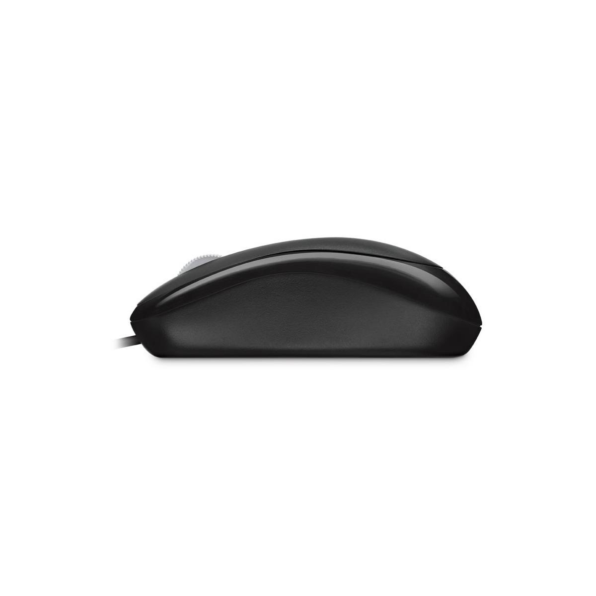 Mouse del computer nero con rotellina di scorrimento, vista di lato, isolata su bianco.