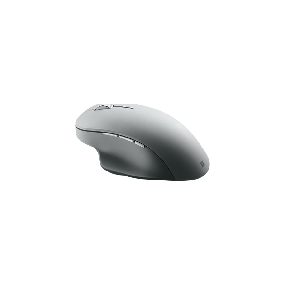 Un mouse grigio con rotellina e pulsanti laterali, su sfondo bianco.