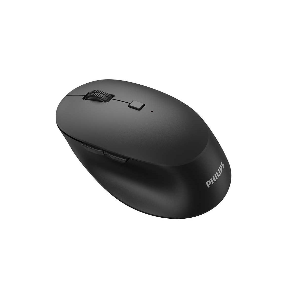 Un mouse Philips nero con rotellina di scorrimento e pulsanti di clic.