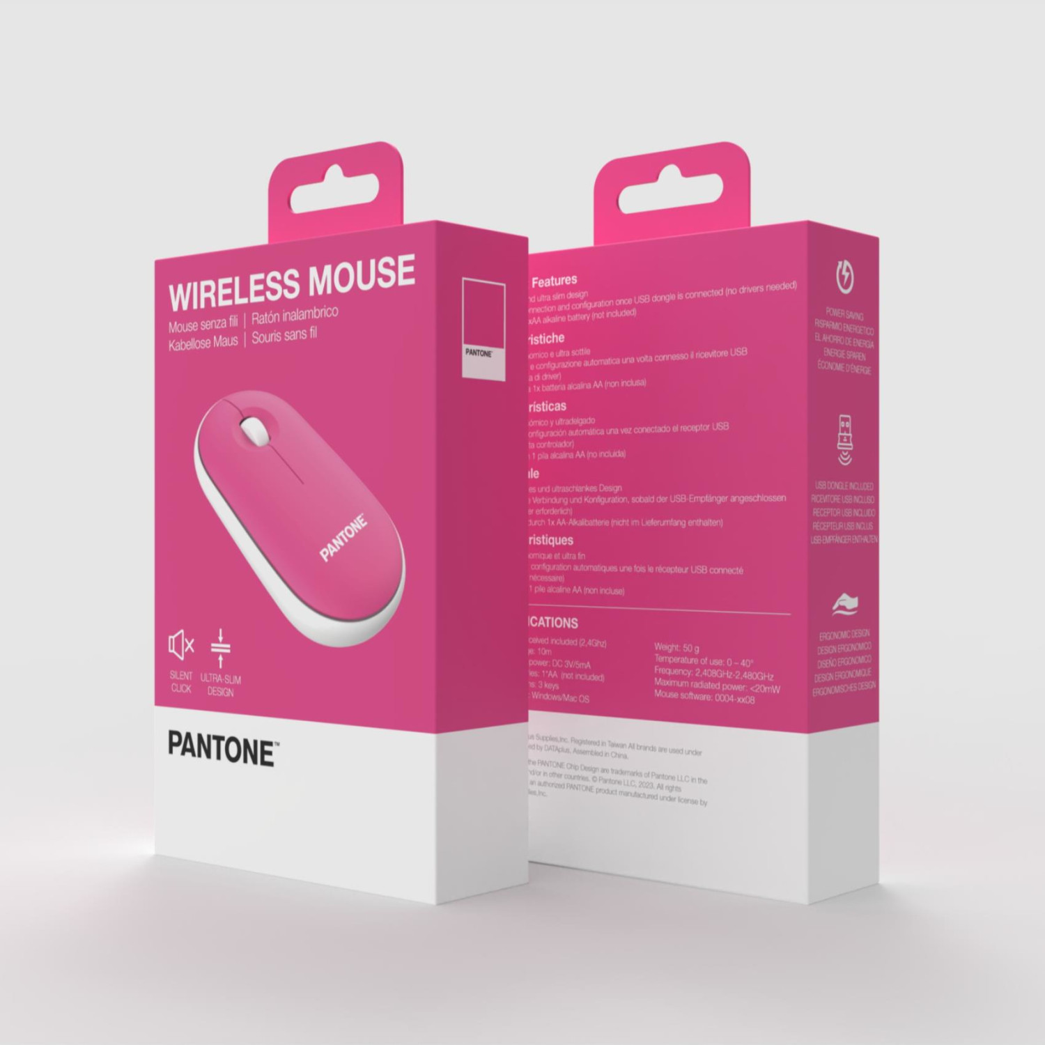 Confezione di un mouse Pantone wireless rosa con dettagli tecnici.