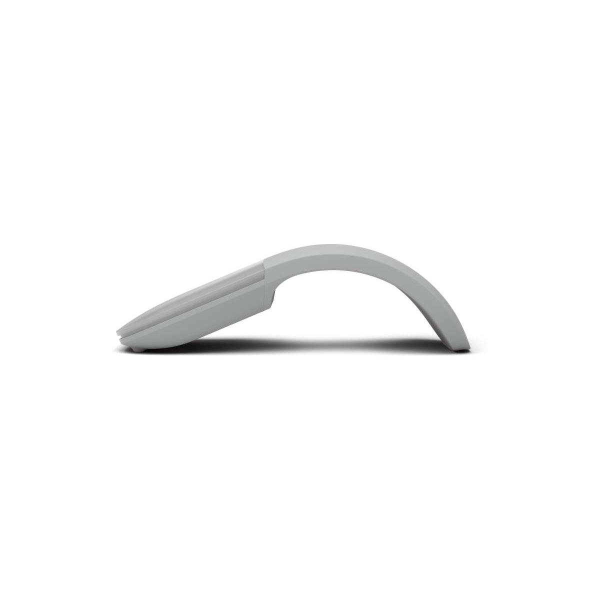 Grijs computeraccessoire met gebogen vorm, op witte achtergrond.