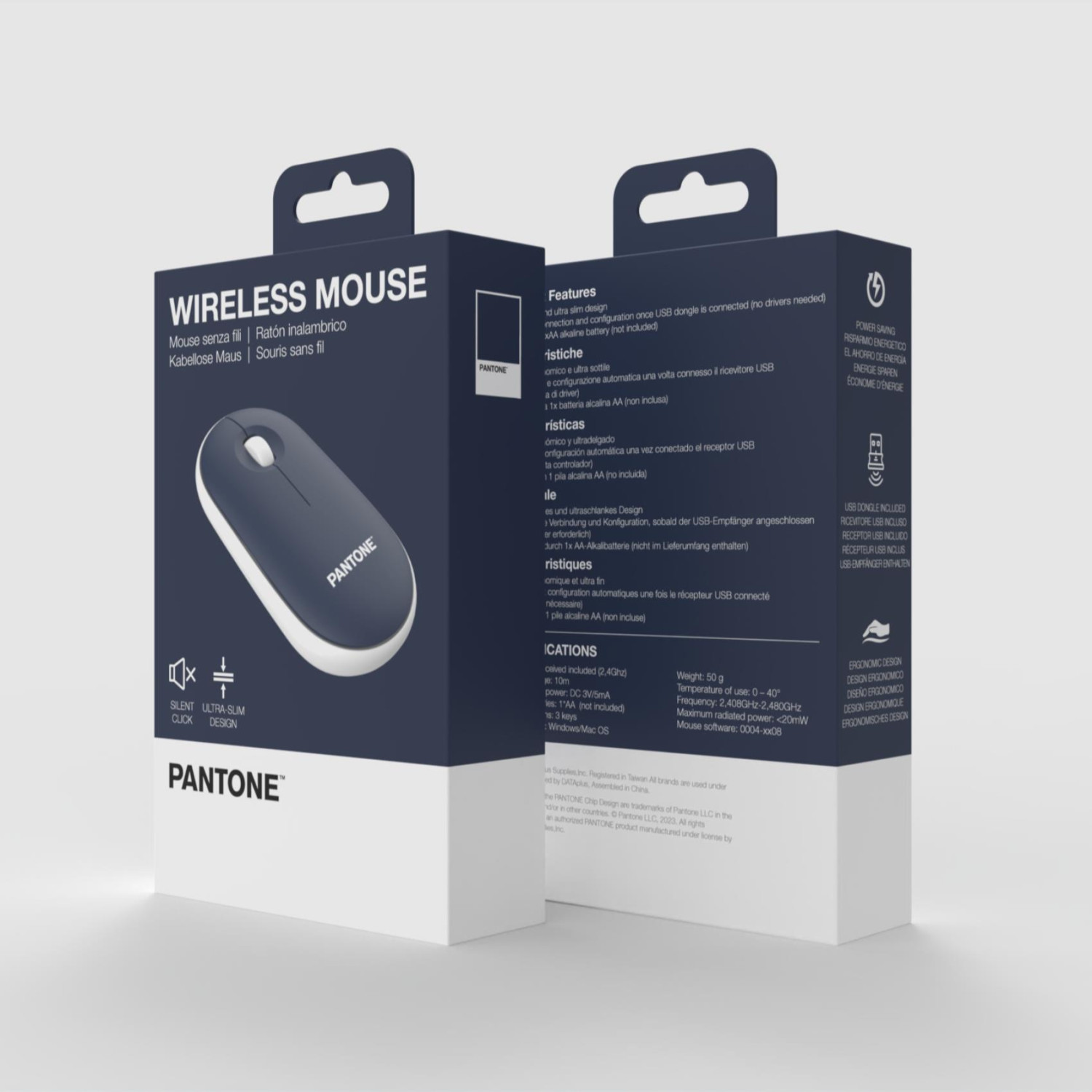 Confezione di un mouse wireless Pantone blu con testo e specifiche.