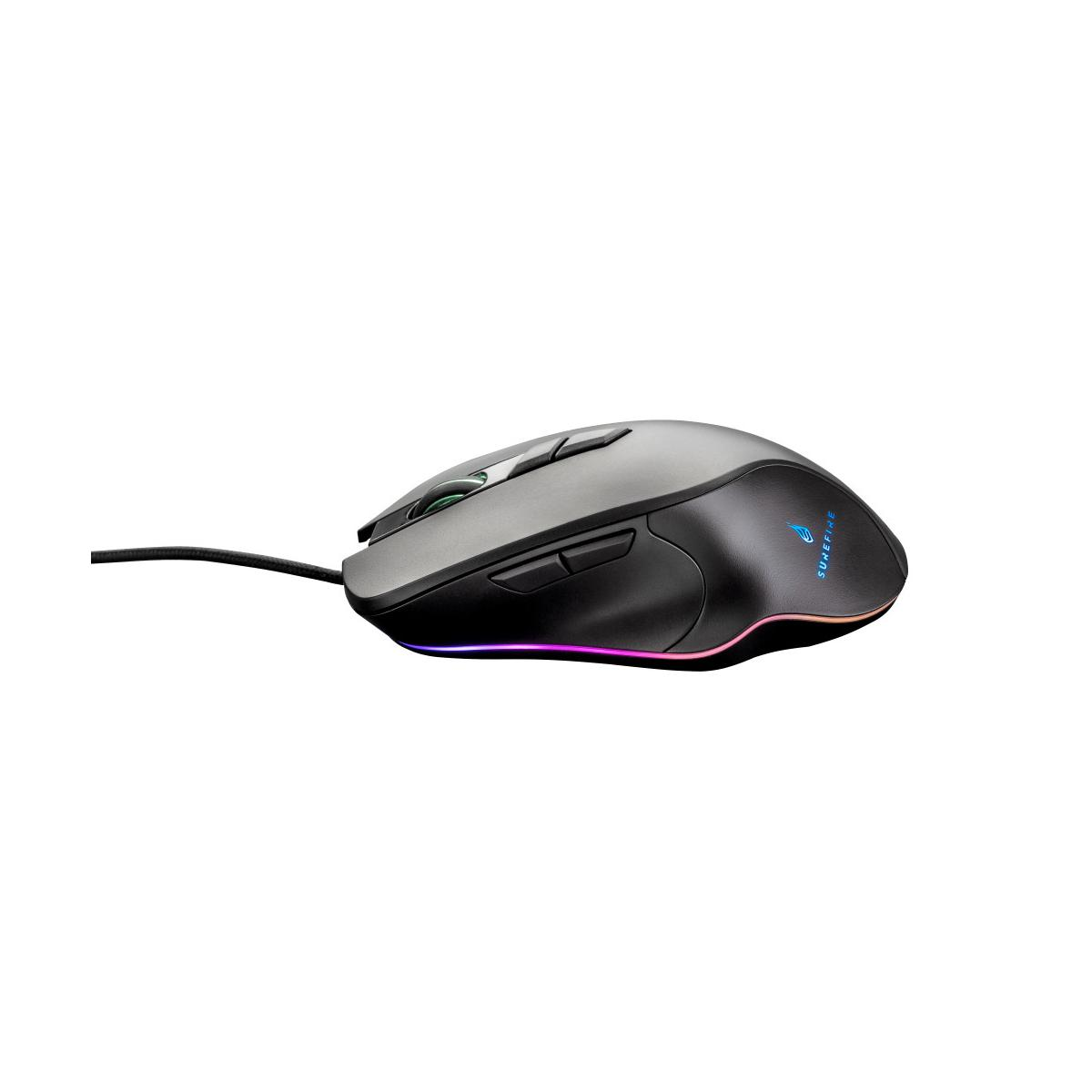 Grijze en zwarte gamingmuis met RGB-verlichting en kabel.