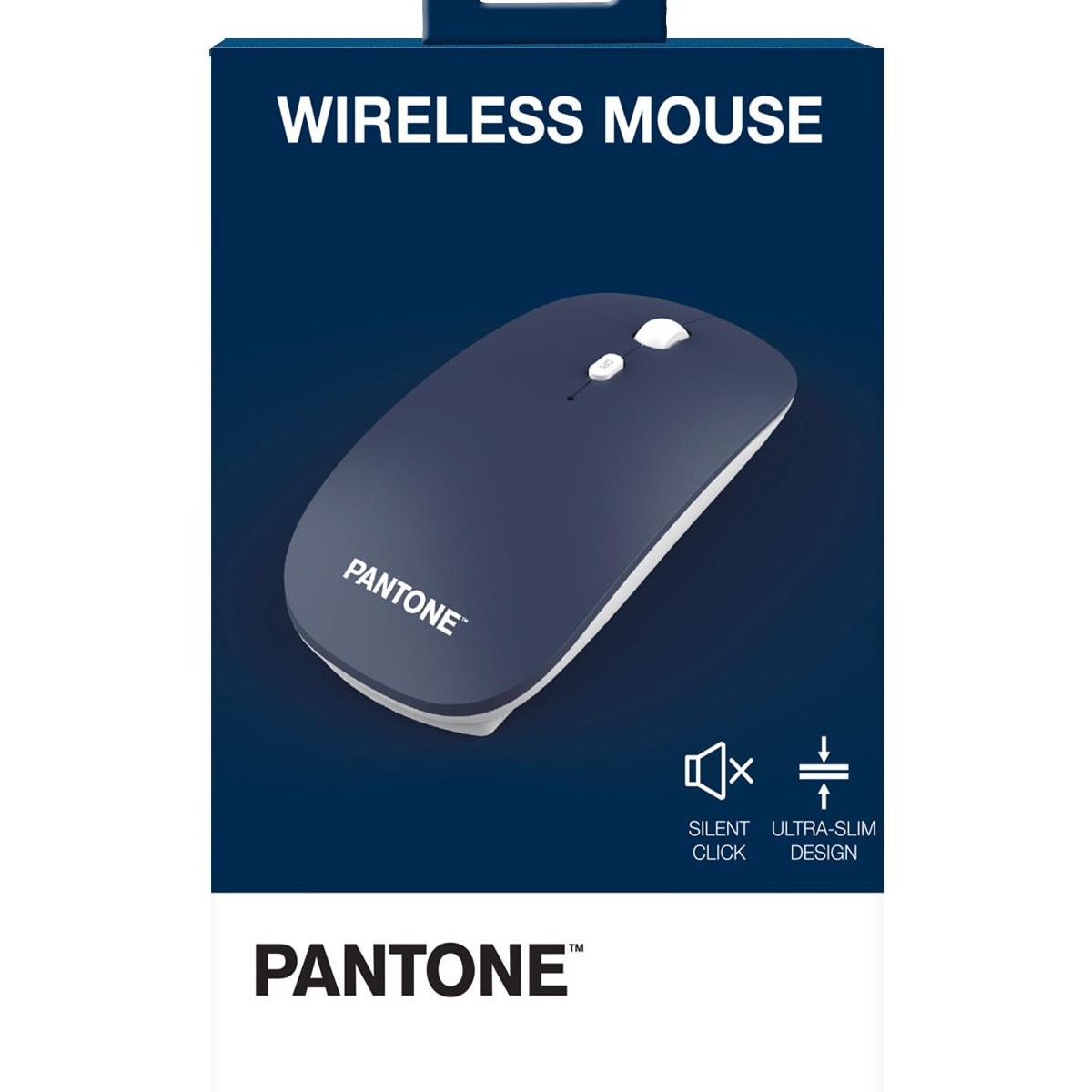 Mouse wireless blu scuro con pulsanti bianchi e logo PANTONE.